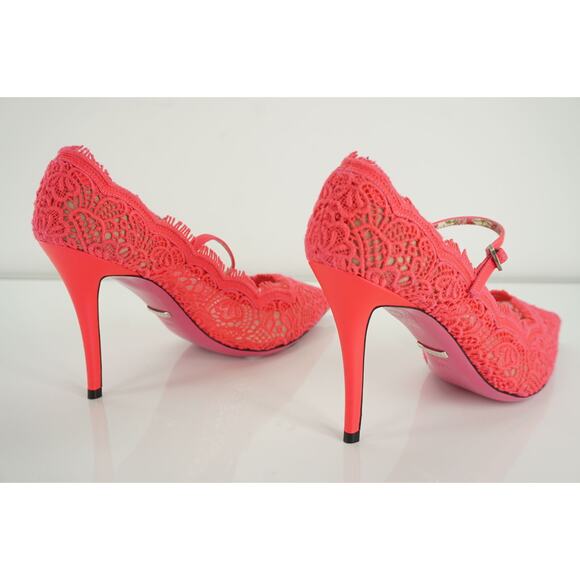Gucci Virgina 95 Pink Lace Pointed Toe Pumps MJ Strap Size 39.5 NIB $1100 Neon - Picture 10 of 11